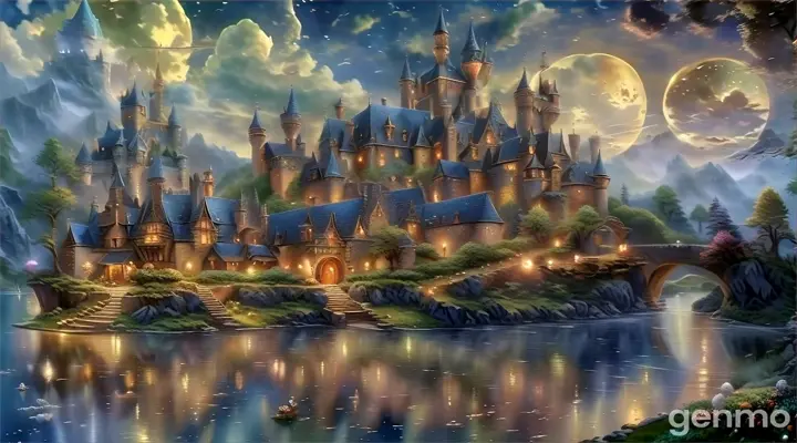 A castle in a dreamlike setting, perched on the edge of a mystical, enchanted lake at night.