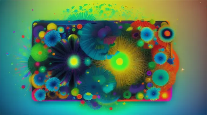 which pop into the air and turn into blue realistic big flowers and big notes. Splashes of color. flat green background