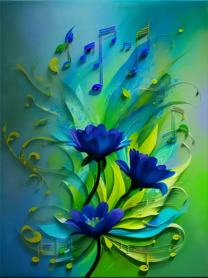 which pop into the air and turn into blue realistic big flowers and big notes. Splashes of color. flat green background