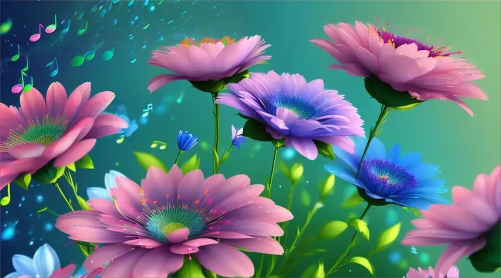 which pop into the air and turn into blue realistic big flowers and big notes. Splashes of color. flat green background