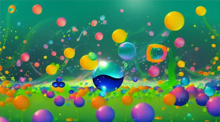 which pop into the air and turn into blue realistic big flowers and big notes. Splashes of color. flat green background