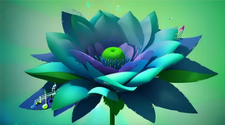 which pop into the air and turn into blue realistic big flowers and big notes. Splashes of color. flat green background