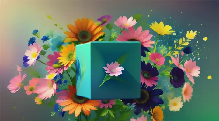 which pop into the air and turn into blue realistic big flowers and big notes. Splashes of color. flat green background