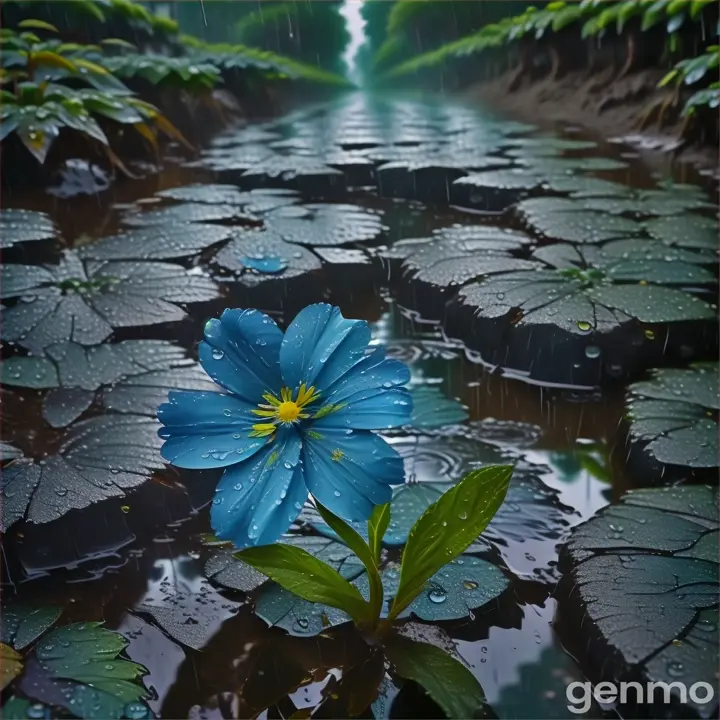 A close-up shot of a blue flower, surrounded by raindrops on a reflective surface