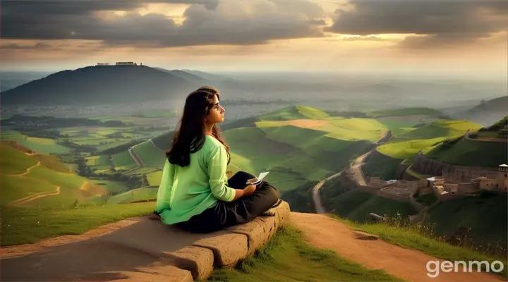 Amidst the Rolling Hills: A Pakistani girl sits on a grassy hilltop, the vibrant hues of a Bollywood song filling the air. The camera captures a wide 4K shot of the vast landscape, her wistful eyes reflecting thoughts of her boyfriend, who is studying abroad in London.
