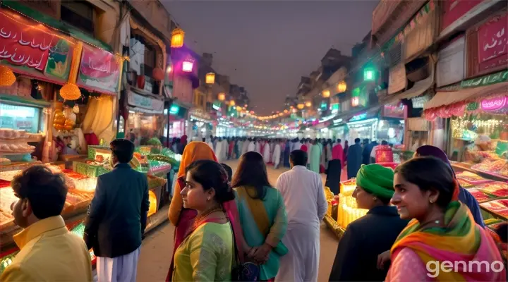 City Lights and Dreams: In the bustling streets of Lahore, a Pakistani girl walks through a lively marketplace, Bollywood music playing in the background. The 4K wide shot shows the colorful chaos around her, but her mind is lost in thoughts of her boyfriend, who is working in Dubai, adding a layer of serene emotion to the scene.