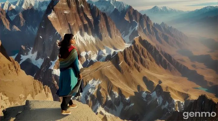 Mountain Echoes: High in the Karakoram Range, a Pakistani girl stands on a cliff's edge, her scarf billowing in the wind as a Bollywood melody plays. The 4K wide shot showcases the majestic mountains and deep valleys, her longing for her boyfriend, who is working as a doctor in a remote village, echoing through the natural beauty.