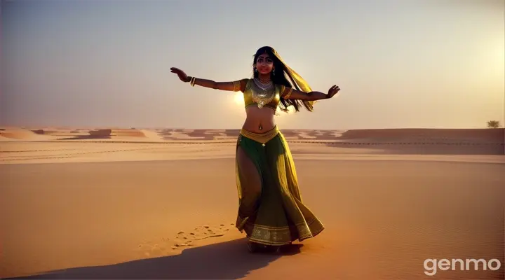 Desert Oasis: In the heart of Thar Desert, a Pakistani girl dances gracefully to a Bollywood song, her movements fluid and expressive. The 4K wide shot captures the vast, golden expanse around her as she dreams of her boyfriend, who is serving in the military at a distant base, their love transcending the distance.