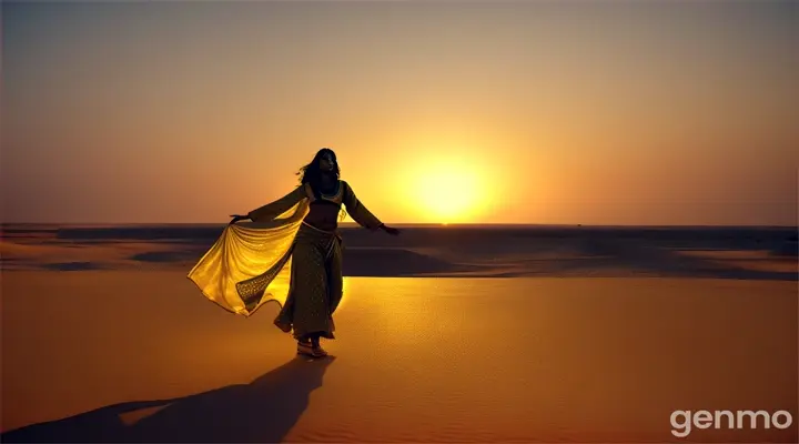Desert Oasis: In the heart of Thar Desert, a Pakistani girl dances gracefully to a Bollywood song, her movements fluid and expressive. The 4K wide shot captures the vast, golden expanse around her as she dreams of her boyfriend, who is serving in the military at a distant base, their love transcending the distance.