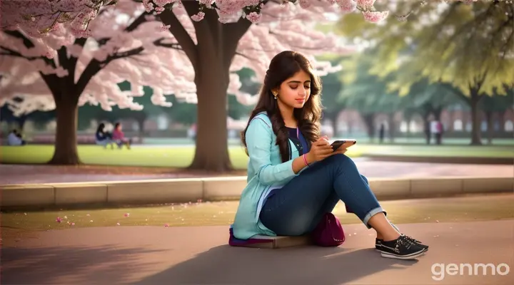 Campus Serenade: On a university campus, a Pakistani girl sits under a blossoming tree, a Bollywood song softly playing from her phone. The 4K wide shot captures students walking by and studying, but her smile and dreamy gaze reveal she is thinking about her boyfriend, who is attending a university in the United States, lost in her own romantic world.