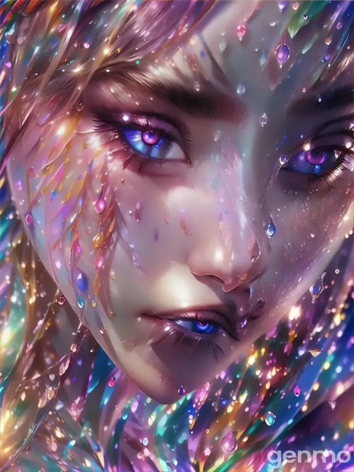 a beautiful woman with colorful hair and water drops on her face