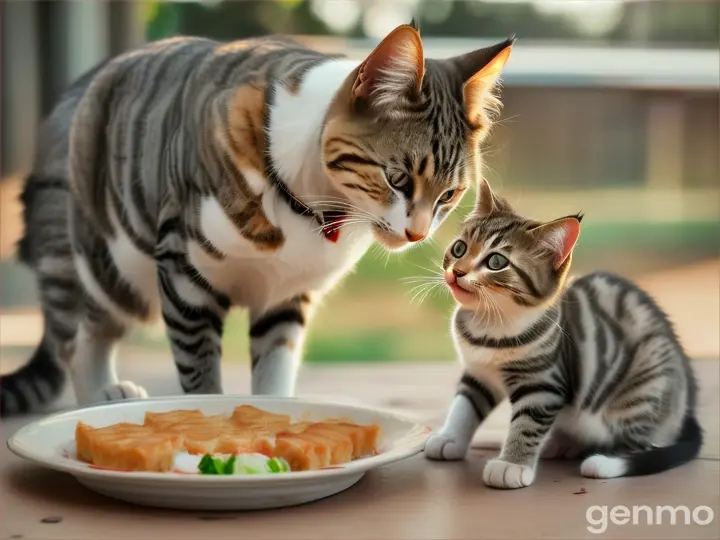 A stray cat reluctantly allows a lost kitten to snuggle up next to him to share a small dish of food