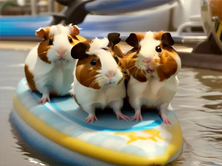 two guinea pigs on a surf board on a wave machine