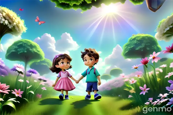 a boy and a girl holding hands in a field of flowers