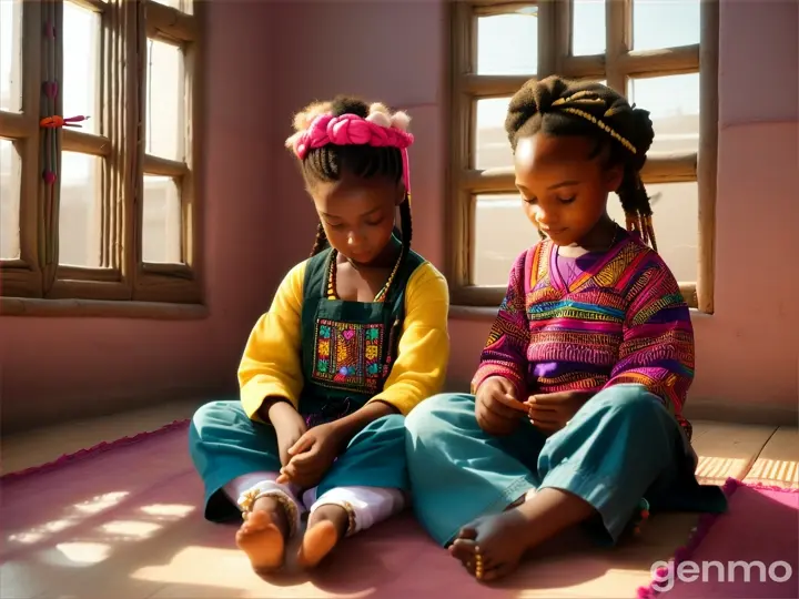 two Young 7 year old black girls, one with puffy braided pig tails and the other with her natural hair out, dressed like young hip hop muslim african, playing with black baby dolls, combing the little dolls hair, the two girls are facing each other sitting on the floor of a large african cultural center childrens room
