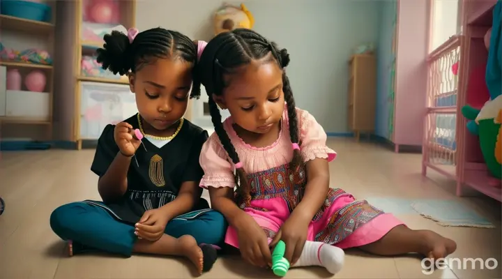 two Young 7 year old black girls, one with puffy braided pig tails and the other with her natural hair out, dressed like young hip hop muslim african, playing with black baby dolls, combing the little dolls hair, the two girls are facing each other sitting on the floor of a large african cultural center childrens room
