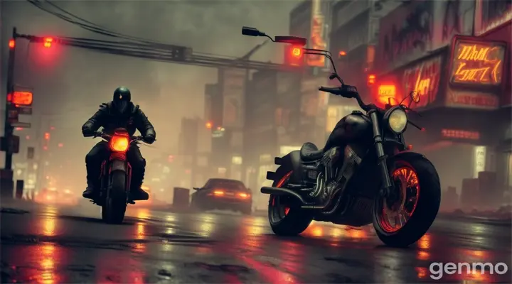 Zombie biker in flames riding his motorcycle through the harsh and scary city streets