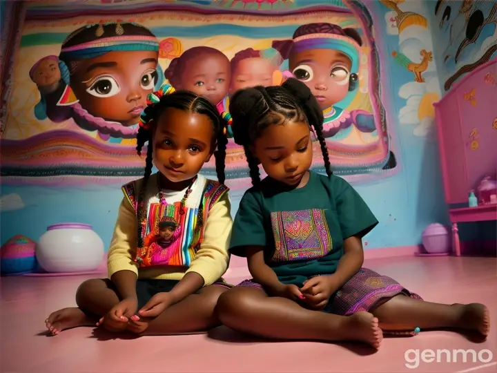 two Young 7 year old black girls, one with puffy braided pig tails and the other with her natural hair out, dressed like young hip hop muslim african, playing with black baby dolls, combing the little dolls hair, the two girls are facing each other sitting on the floor of a large african cultural center childrens room
