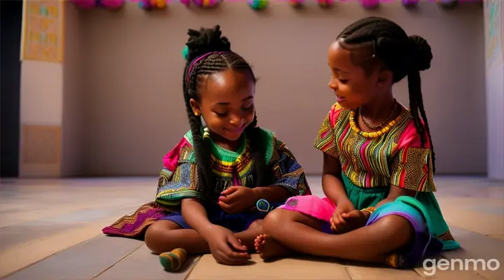 two Young 7 year old black girls, one with puffy braided pig tails and the other with her natural hair out, dressed like young hip hop muslim african, playing with black baby dolls, combing the little dolls hair, the two girls are facing each other sitting on the floor of a large african cultural center childrens room
