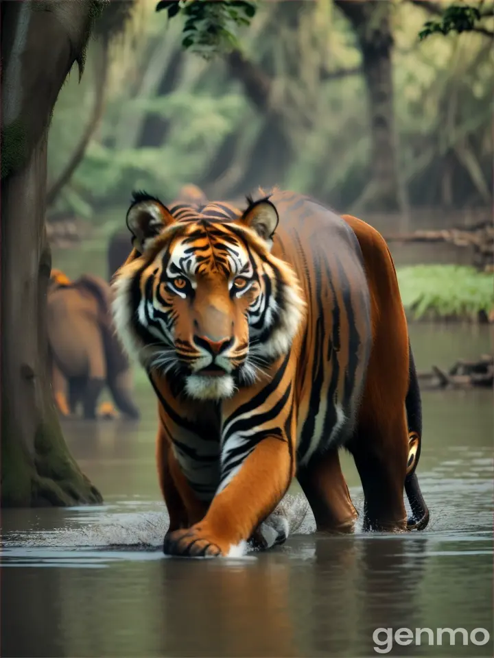 Sumatran rainforest with a majestic Sumatran tiger prowling, elephants wading through a swamp, and orangutans swinging from trees.