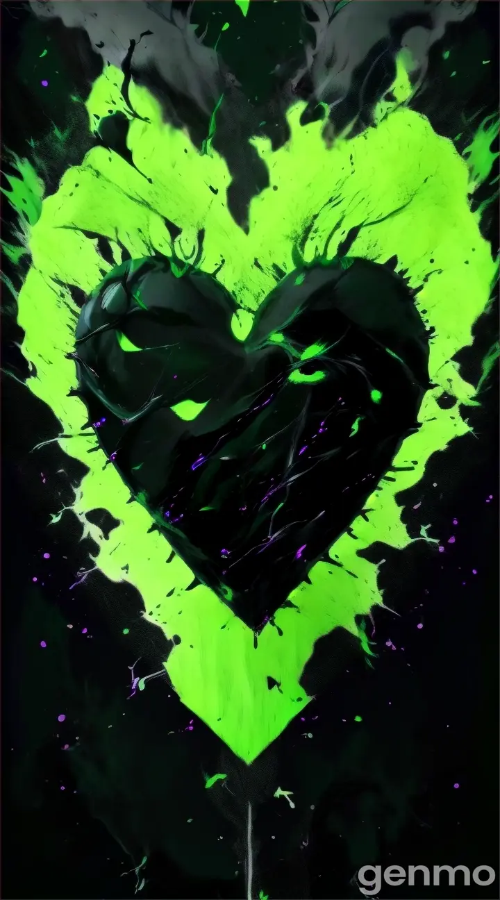 a black heart with green paint splattered on it