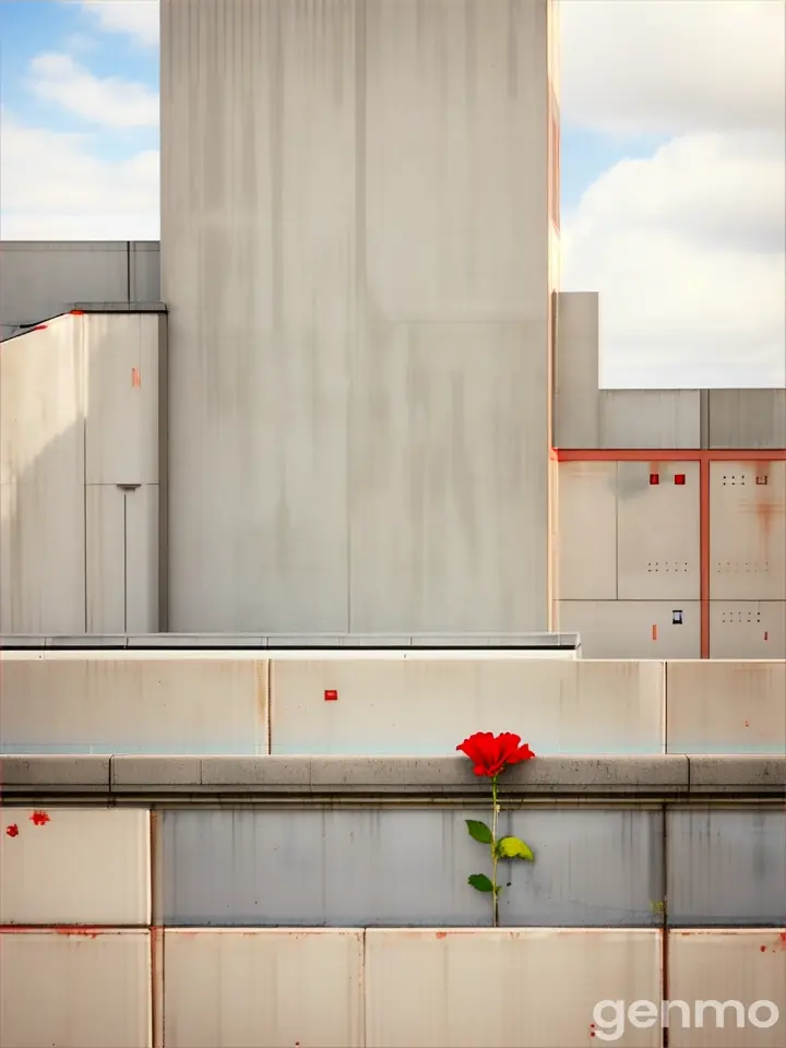 A solitary red bloom on a grey concrete wall, with blue sky above