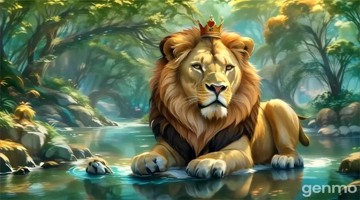 a lion with a crown sitting in a river ,walks