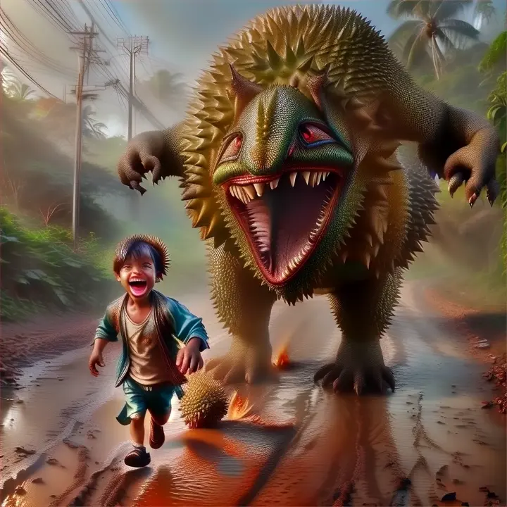 little boy is running away from a giant durian-monster