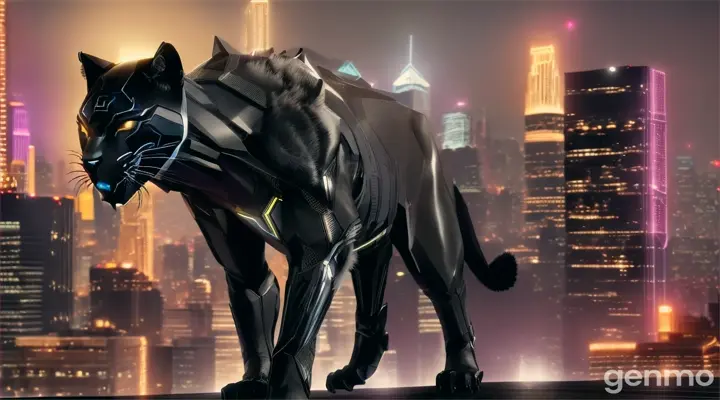 A black Panther roaming through the city of Ai skyscrapers 