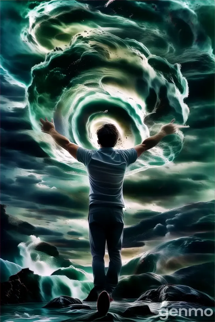 a man standing in front of a giant wave