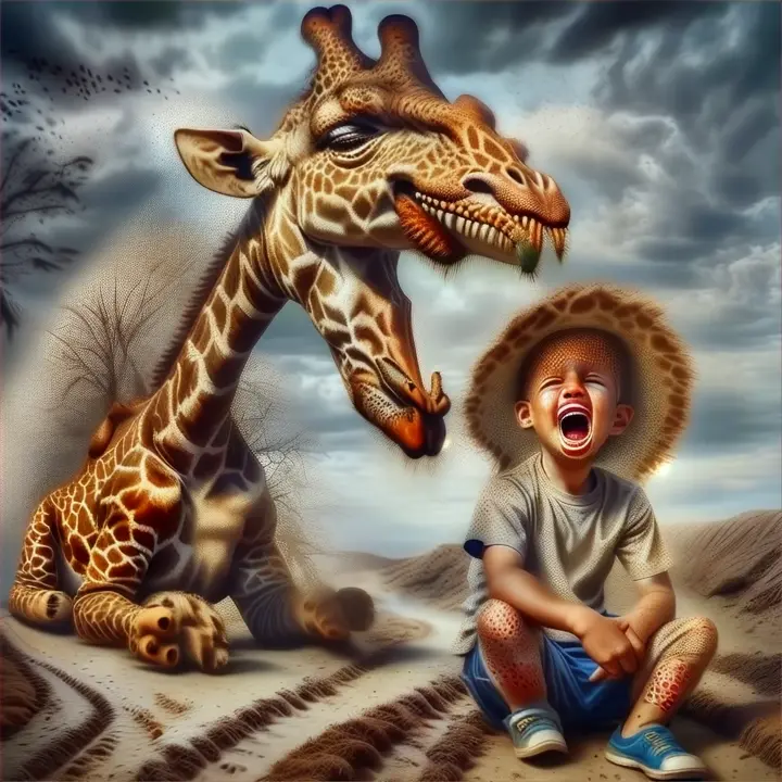 a boy sitting on the ground next to a giraffe-monster