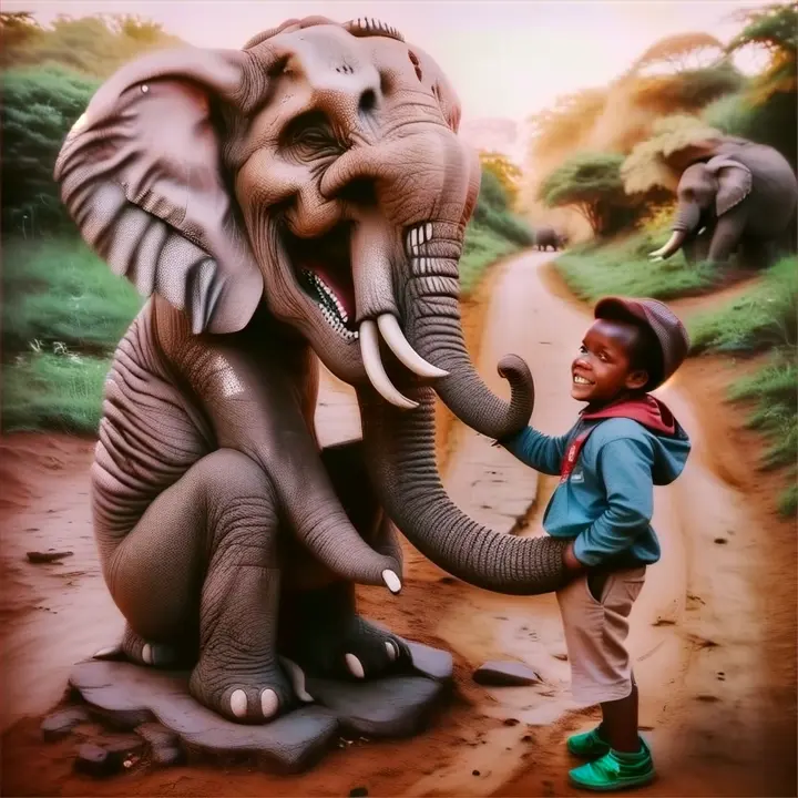 a little boy standing next to an elephant statue