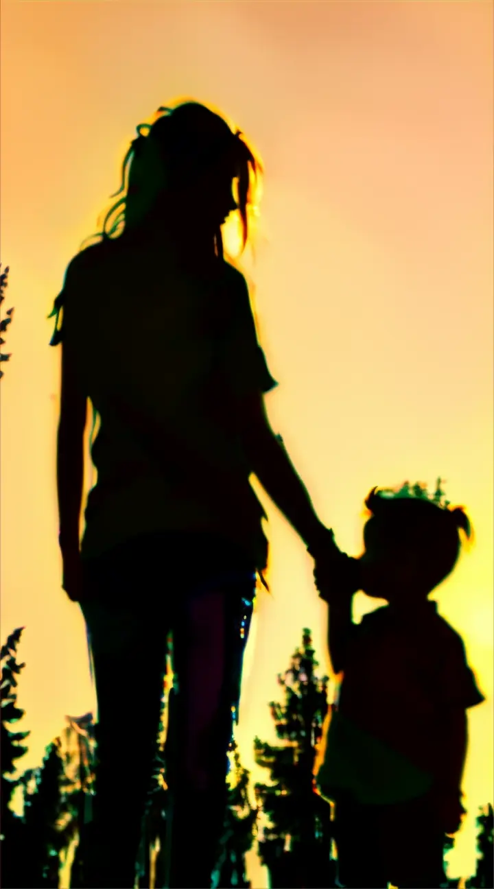 a silhouette of a woman holding the hand of a child