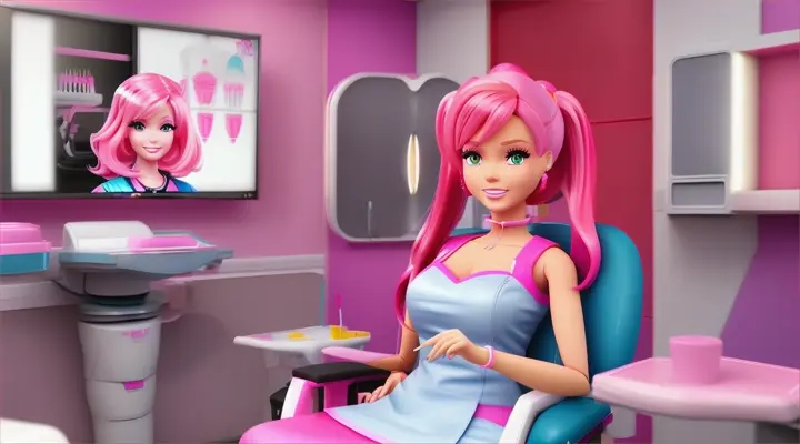 scene video: anime 3d Barbie with pink hair: The dentist man sing:Every day, twice a minute,With the brush and paste,to have a pleasant smile.