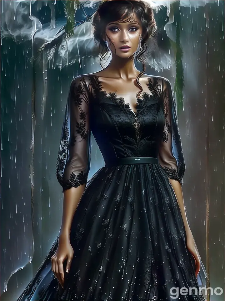 a woman in a black dress standing in the rain