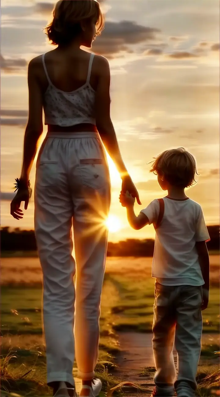 mother and boy walk off into the sunset