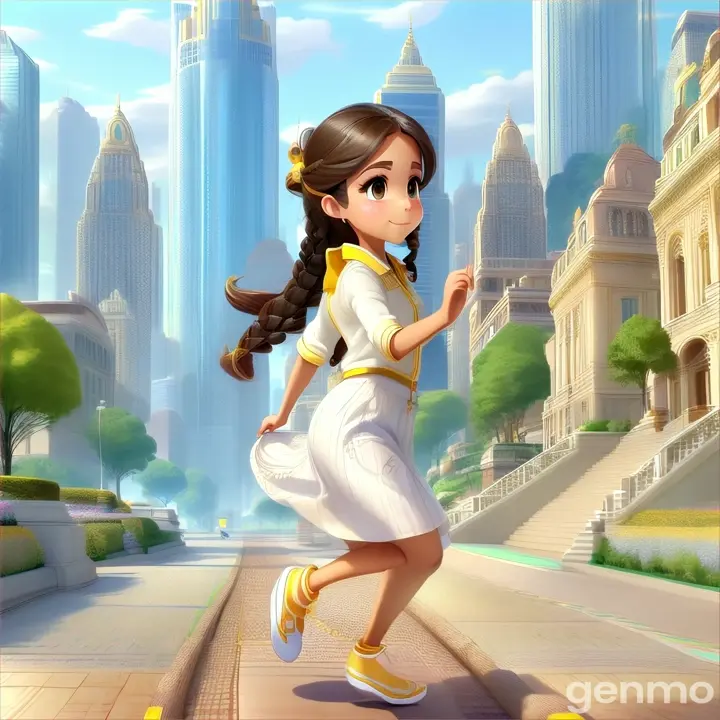 a   brown beautiful girl with a braid  hair wearing  long white skirt and yellow  blouse wearing white slipper running toward  luxurious city   posterior view 3D aNimation cartoon zoom out 