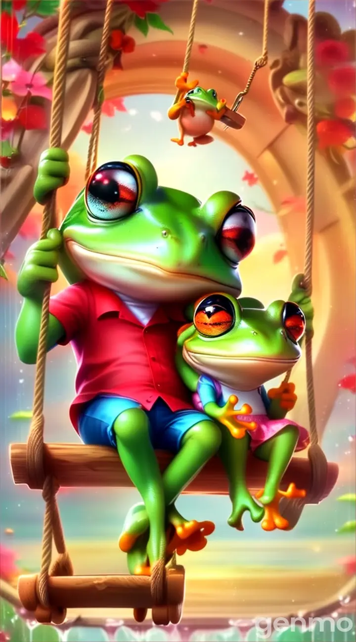 a couple of frogs sitting on top of a swing, swinging slowly, perfect video perfect animations