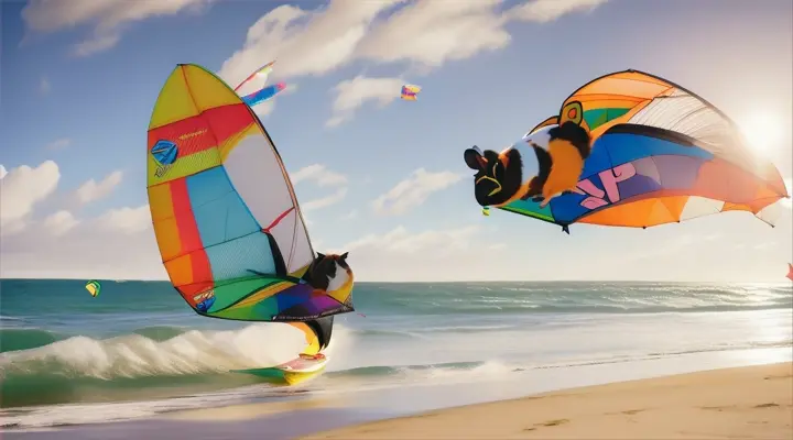 guinea pigs kite surf along a beach