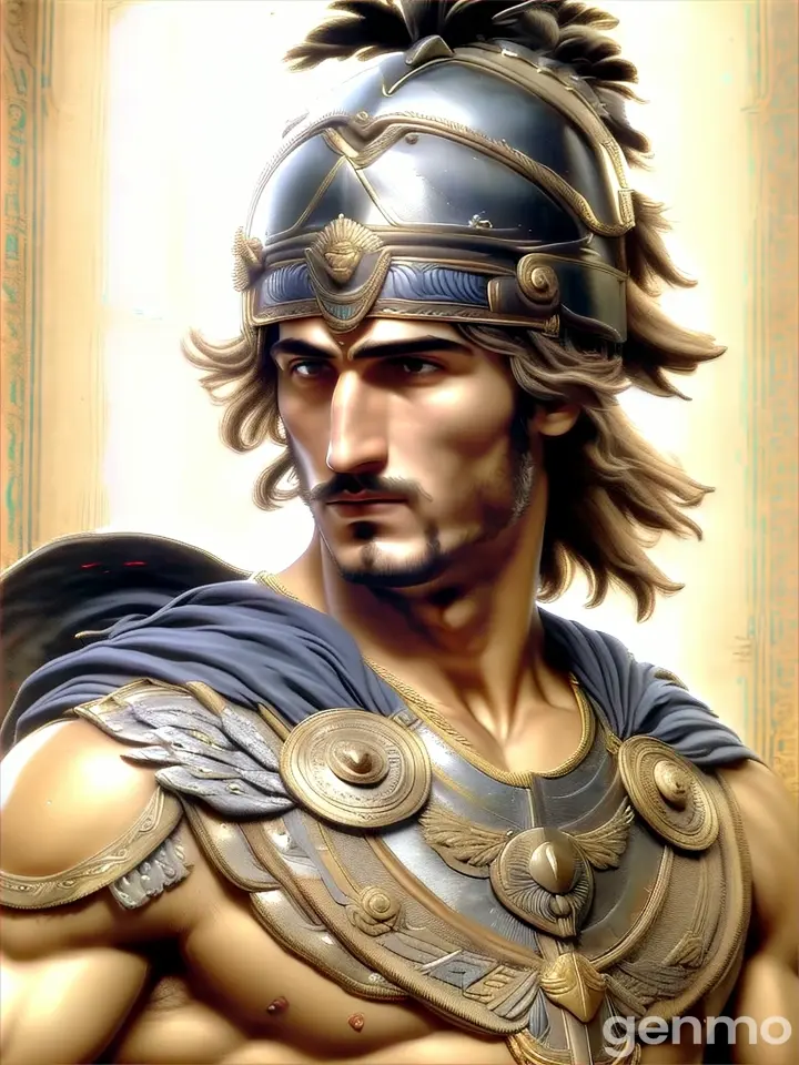 Portrait of a smiling Roman soldier in a heroic pose, wearing armor and weapons.
