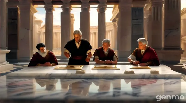 Roman Law and GovernanceScreen Prompt: "The Twelve Tables: Foundation of Roman Law." Image: A scene of ancient Romans examining stone tablets inscribed with laws.