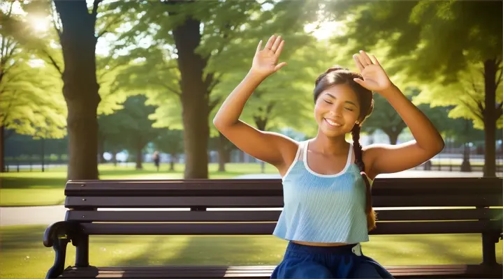 A friendly and welcoming image of a lady waving cheerfully with her hands. She has a warm smile on her face and is dressed in a casual outfit, with her hair tied back in a ponytail. The background is a bright and sunny day, with a park bench and lush green trees, creating an inviting atmosphere.