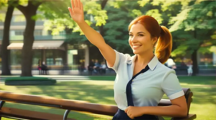 A friendly and welcoming image of a busineswomen waving cheerfully with her hands. She has a warm smile on her face and is dressed in a casual outfit, with her hair tied back in a ponytail. The background is a bright and sunny day, with a park bench and lush green trees, creating an inviting atmosphere.