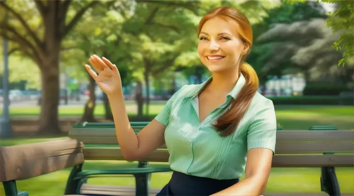 A friendly and welcoming image of a busineswomen waving cheerfully with her hands. She has a warm smile on her face and is dressed in a casual outfit, with her hair tied back in a ponytail. The background is a bright and sunny day, with a park bench and lush green trees, creating an inviting atmosphere.