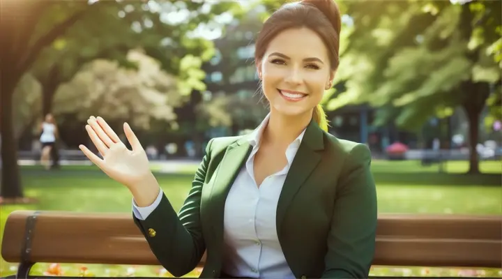 A friendly and welcoming image of a busineswomen waving cheerfully with her hands. She has a warm smile on her face and is dressed in a casual outfit, with her hair tied back in a ponytail. The background is a bright and sunny day, with a park bench and lush green trees, creating an inviting atmosphere.