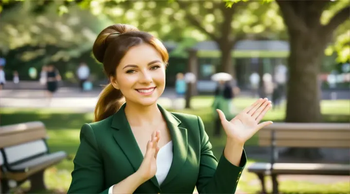 A friendly and welcoming image of a busineswomen waving cheerfully with her hands. She has a warm smile on her face and is dressed in a casual outfit, with her hair tied back in a ponytail. The background is a bright and sunny day, with a park bench and lush green trees, creating an inviting atmosphere.