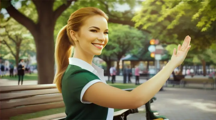 A friendly and welcoming image of a busineswomen waving cheerfully with her hands. She has a warm smile on her face and is dressed in a casual outfit, with her hair tied back in a ponytail. The background is a bright and sunny day, with a park bench and lush green trees, creating an inviting atmosphere.