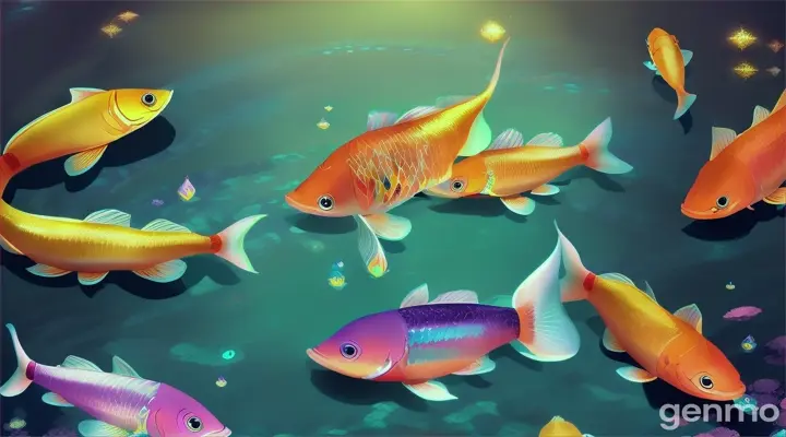 Title: "मछली जादुई"

Prompt:
Create an enchanting and vibrant illustration for a kids' song titled "मछली जादुई." The scene should depict a colorful, magical fish swimming joyfully in a sparkling, clear pond surrounded by playful children. The fish should be small and adorable with vivid, multi-colored scales that shimmer in the water. It should have a cute, expressive face with big, happy eyes. The background should include lush green plants, water lilies, and perhaps a few other underwater creatures like tiny turtles and curious crabs. The atmosphere should be lively and cheerful, with an emphasis on the magical and playful nature of the fish.