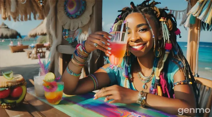 A full-body portrait of a young woman dressed in a bohemian-style top, denim shorts, with dreadlocks hairstyle, wearing multicolored crystal bracelets. She is sitting at a table with a drink, turning sideways to look at the camera. The beach is in the background. She is streaming on Twitch and Instagram, with a cheerful expression, in full color, and a happy smile. There is a llama with dreadlocks. It's a summer day in a different land, with a fun smile, and the shot is taken from a slightly low angle.