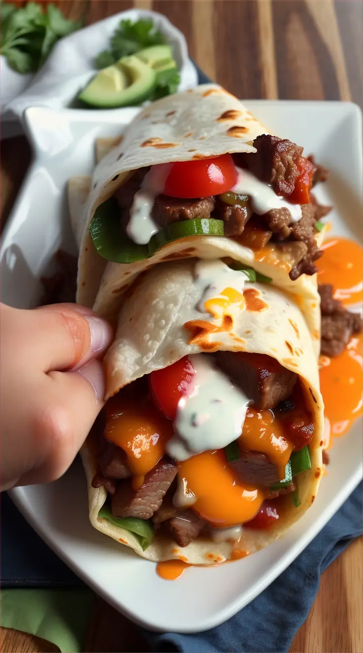 beef breakfast burritos lecker mit einer frau in küchenschürze die die burritos lecker präsentiert, sie sollen appetitlich aussehen und groß genug dargestellt werden